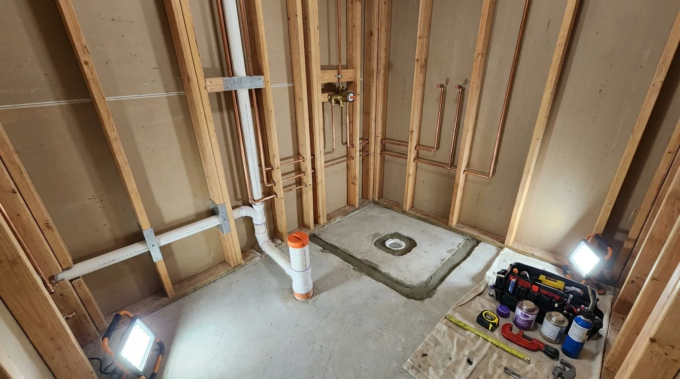 Bathroom rough-in plumbing during remodel by Johns Plumbing LLC in Keshena