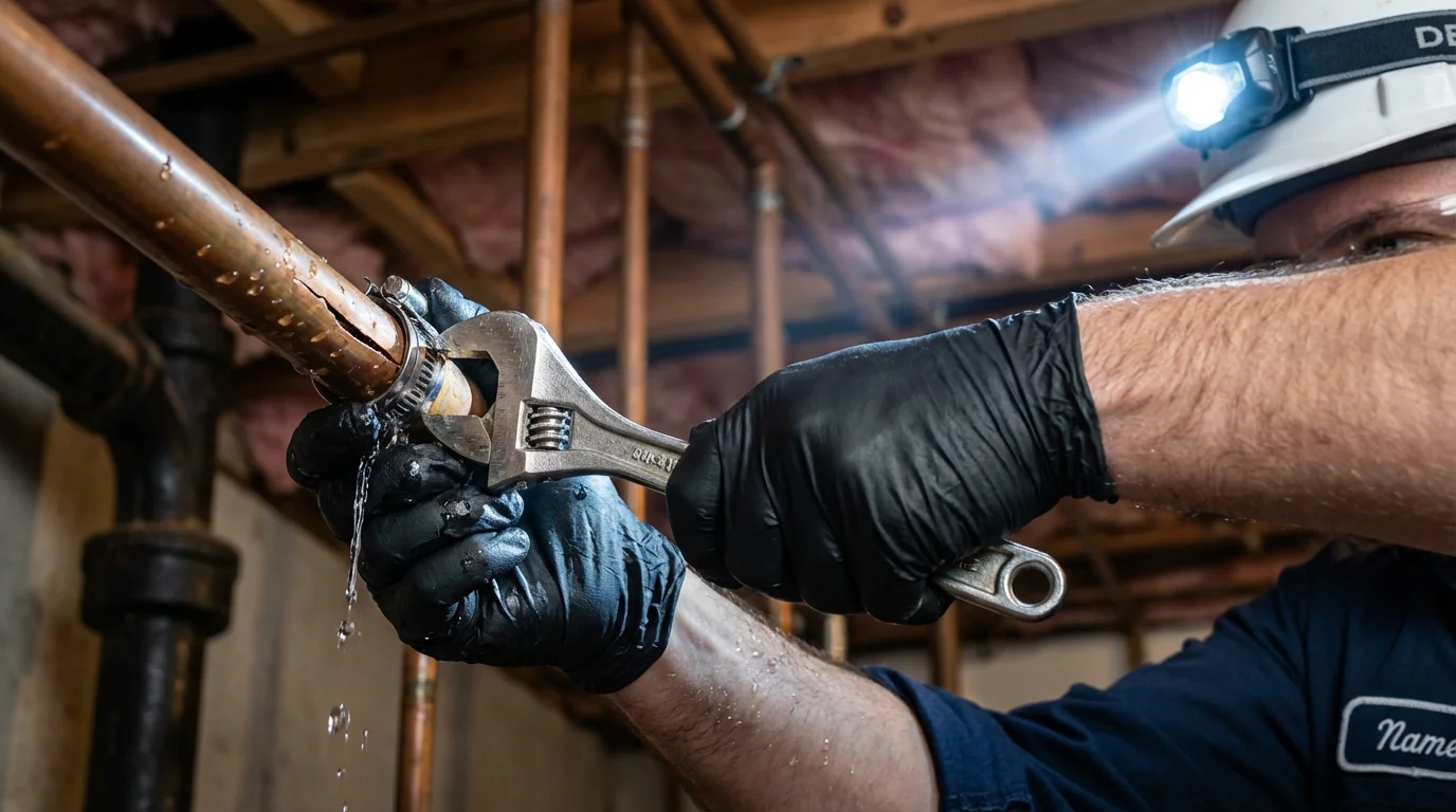 Emergency pipe clamp repair being performed by a Johns Plumbing LLC plumber in Keshena