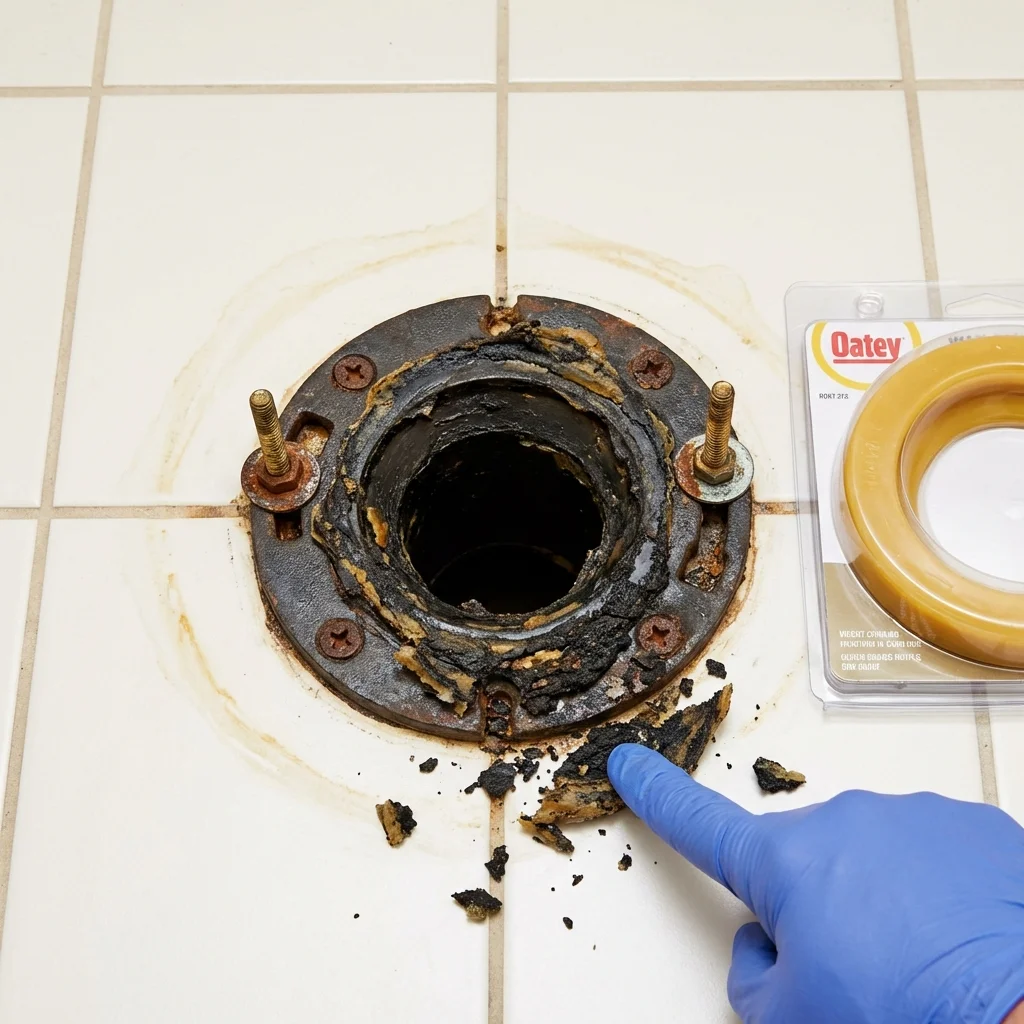 Failed wax ring showing water seepage at the base of a toilet in a Keshena, WI home