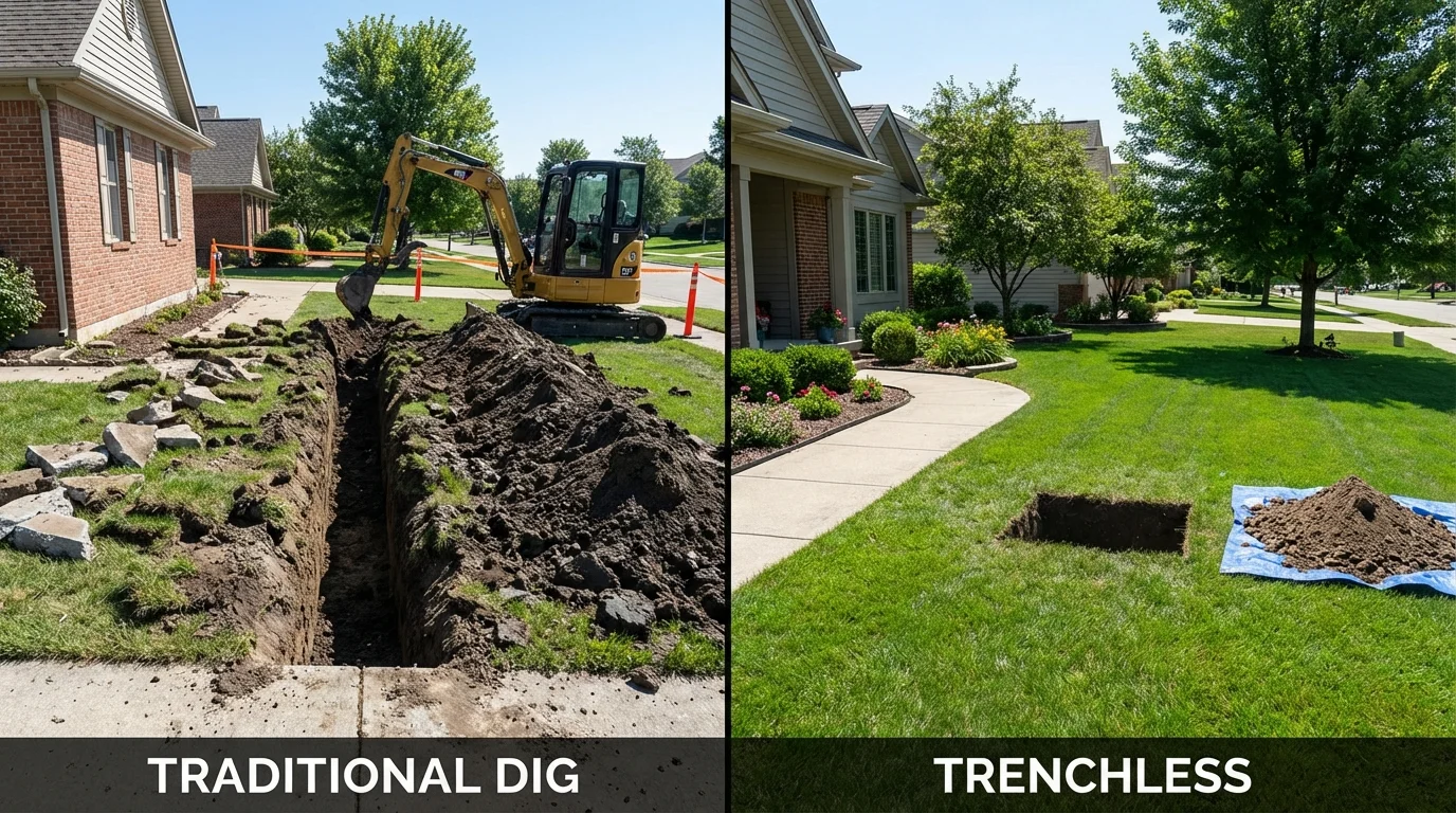 Trenchless sewer repair with minimal yard damage versus traditional excavation in Keshena, WI