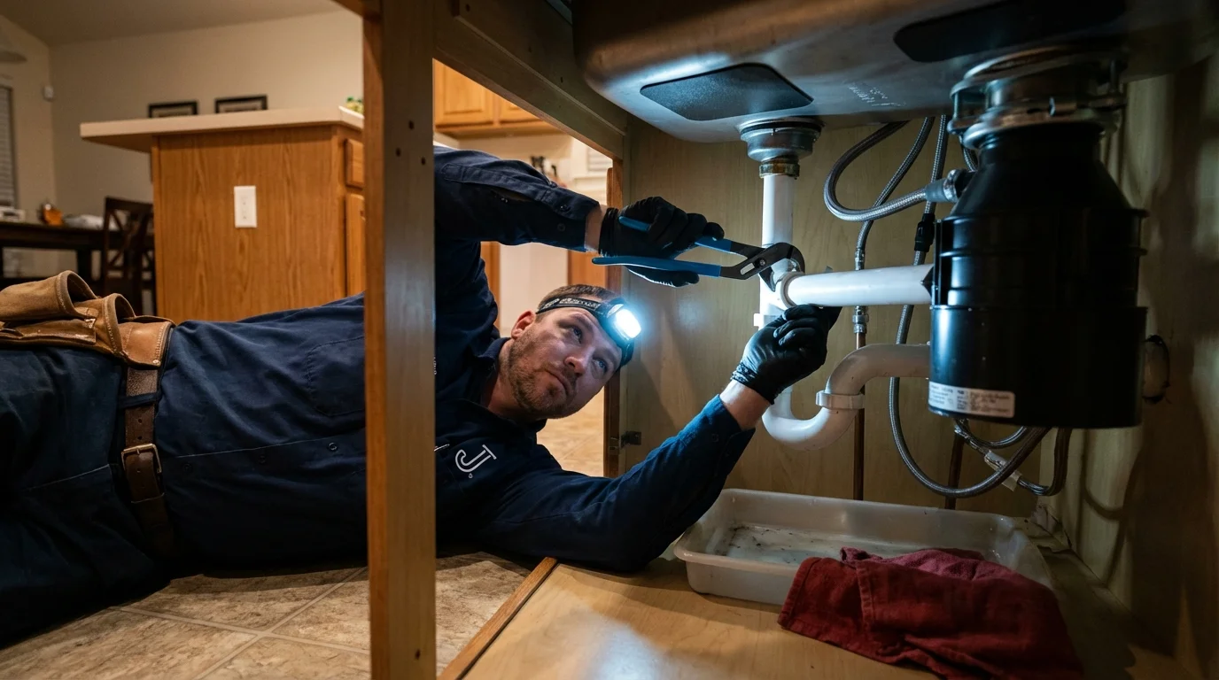 P-trap and supply line connections under a kitchen sink showing a common leak point in Keshena, WI